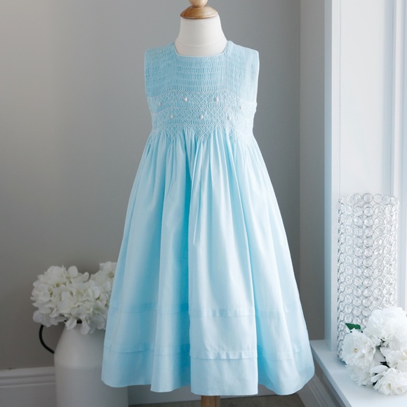 Strasburg Dress Smocked Sleeveless Aqua RARE Pink Accents Size 7/8 Flower Girl - Picture 2 of 7